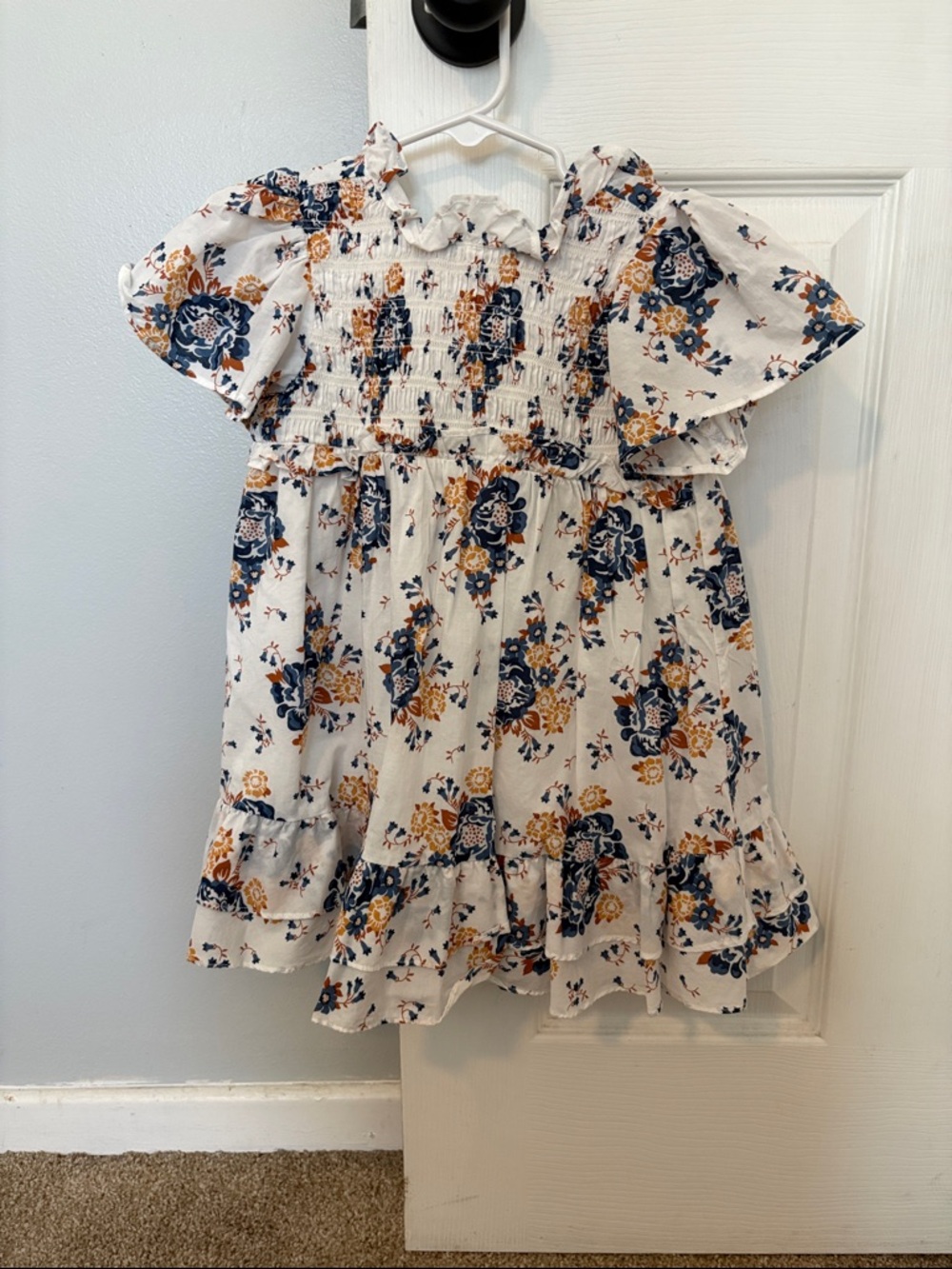 Janie and Jack White Floral Smocked Dress with Navy and Mustard Print